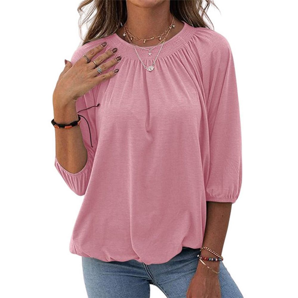 Simple Flavor Pink Half-Sleeve Smocked Crewneck Top Size L